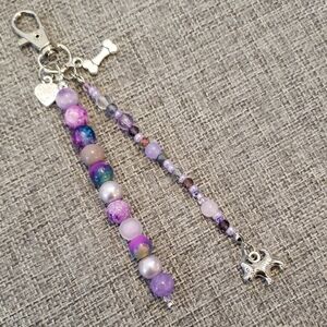 Purple Beaded Bag Charm with Silver Dog Themed Charms